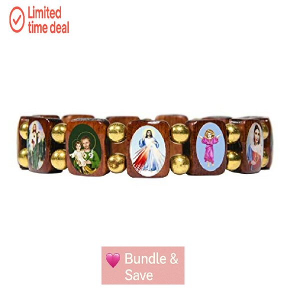 Wood Stretch Bracelet with Saints Images, Unisex Devotional Jewelry - Picture 4 of 8